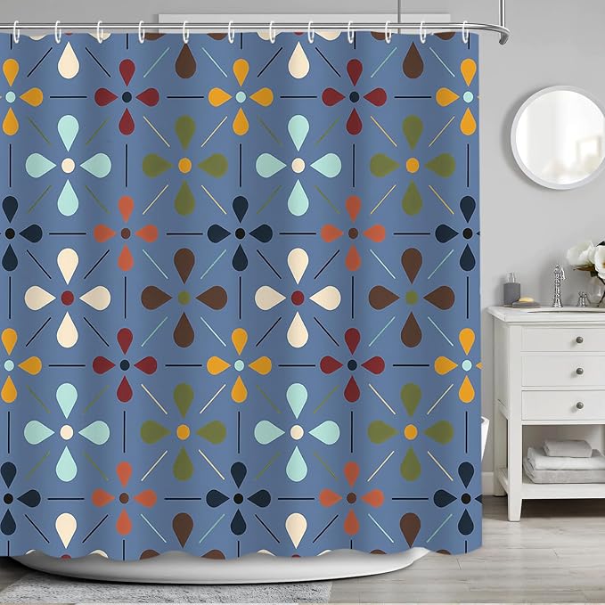 APROPHIC Mid Century Retro Shower Curtain 72x72 Inches, Vintage Geometric Pattern Bathroom Curtain with Hooks, Waterproof Polyester Fabric for Bath Shower, Machine Washable Home Decor, Navy Blue