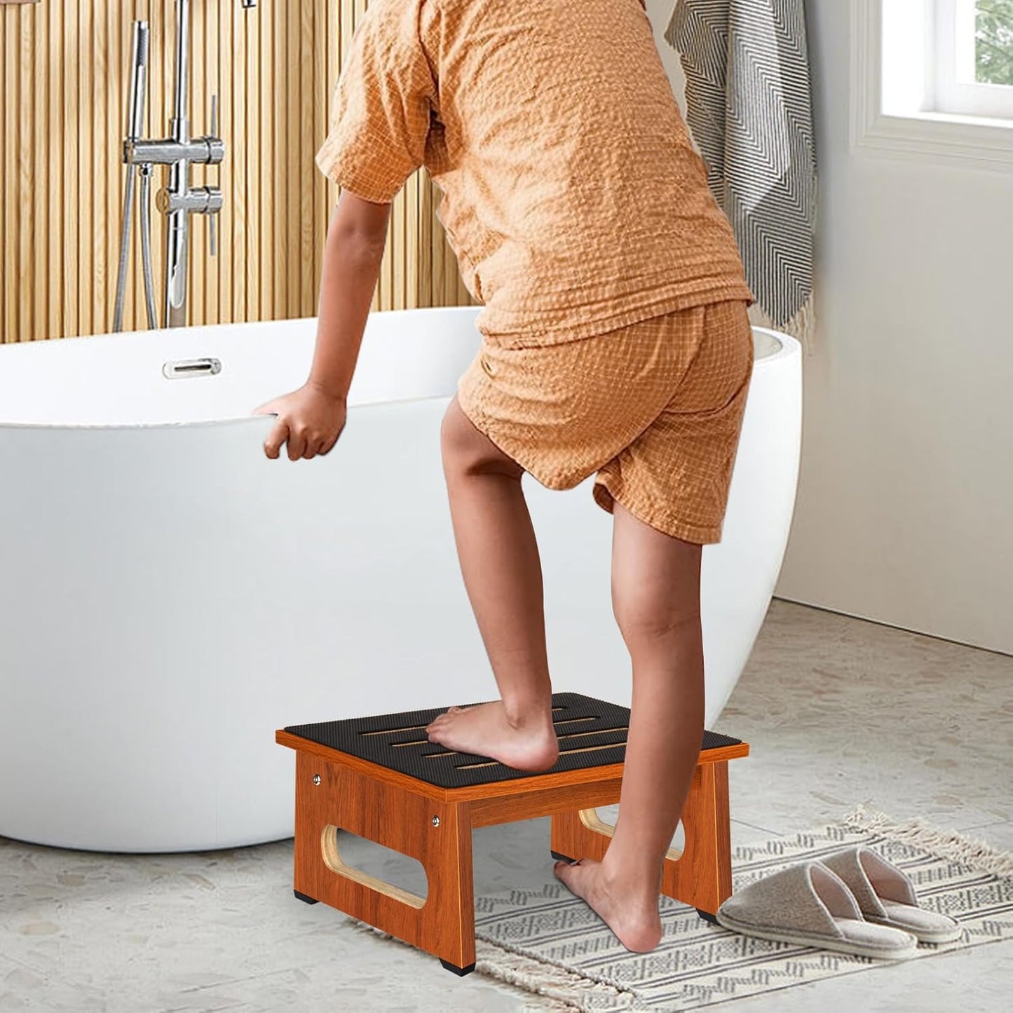 Wooden Step Stool - Non-Slip Design with 450 LBS Capacity | Easy Assembly for High Beds & Bathrooms - Rustic Brown