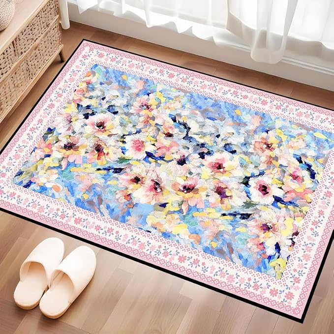 Floral Oil Painting Area Rug Watercolor Flower Print Rugs for Entryway Bedroom Living Room Nursery Kitchen Playroom Home Decor Washable Low Pile Floor Mat Carpet,2'x3'