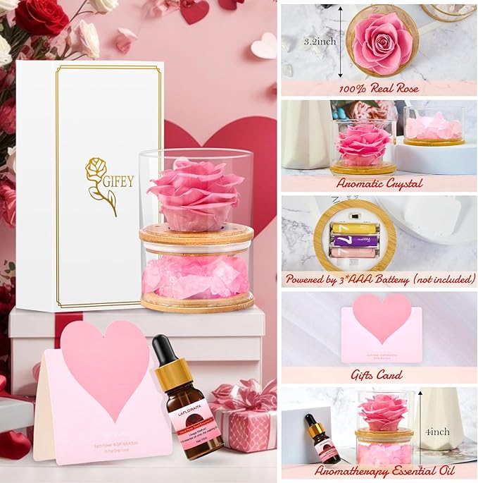 Women Gifts for Christmas Flower Gifts for Mom,Xmas Gift for Her,Preserved Pink Roses with Light,Forever Flowers Birthday Gifts for Women,Wife,Girlfriend Gifts Ideas on Birthday,Anniversary,Valentines