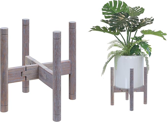 Adjustable Plant Stand for 8-12″ Pots – Solid Acacia Wood Mid-Century Modern Indoor/Outdoor Planter Holder with Stainless Steel Screws – Antique Brush Grey (Pot & Plant Not Included)