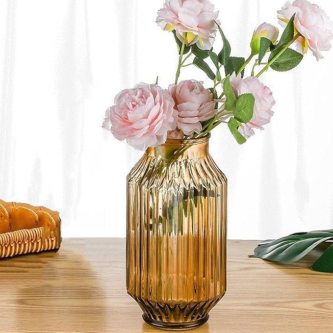 Flower Vase,Glass Vase,9.2 inch,Vintage Clear Ribbed Glass Vase for Home Decor,Bookshelf,Dinner Table,Indoor Office Desktop,Meeting Room,Home Christmas Day Decoration