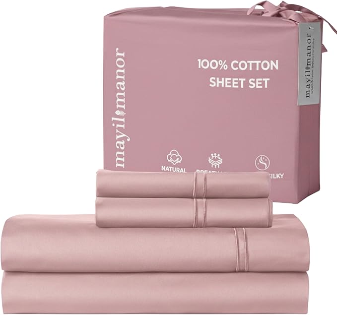 100% Natural Cotton Bed Sheets | 500 TC Single-Ply Sateen Weave Cal King Sheet Set | Breathable & Hypoallergenic Solid 4-Piece Bedding with Deep Pocket Fitted, Flat, Pillowcase | Blush