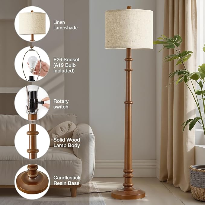 Floor Lamps for Living Room - 60" Wood Farmhouse Floor Lamp with Adjustable Color Temperatures - Vintage Standing Lamp Reading Light with Linen Shade Rustic Tall Lamp for Bedroom Office, Dining Room