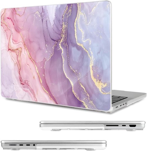 MecBevia MacBook Pro 14-Inch Case - Hard Shell Cover with Keyboard & Screen Protector | Pink Marble