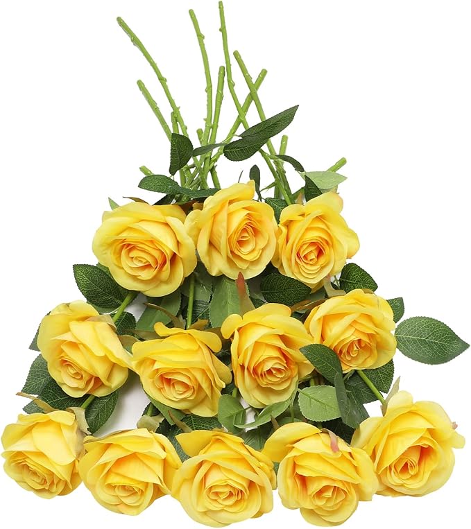 Artificial Rose Flower Artificial Flowers Flower with Long Stem Silk Roses Bouquet for Wedding Bridal Shower Party Home Decoration (Yellow, 50 Pcs)