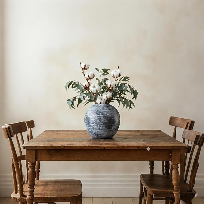 Farmhouse Rustic Ceramic Vase, 6.5 inch Gray-White Handcrafted Weathered Stone Pottery Terracotta Vintage Vases for Home Decor Living Room Table Shelf Decorative (Round - B)