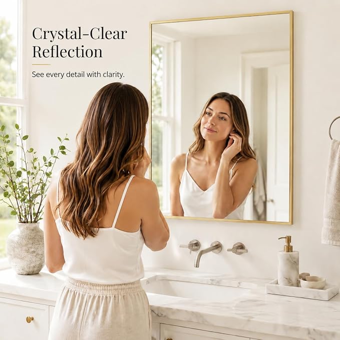 24"x36" Gold Bathroom Mirror for Wall, Shatterproof Tempered Glass, Champagne Gold Tone Rectangle Narrow Frame, H/V Wall-Mounted, Ultra-Flush