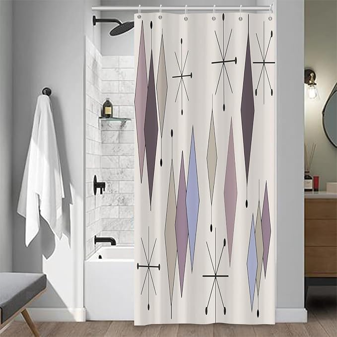 Mid Century Shower Curtain Abstract Purple Diamond Geometric Atomic Starburst Pattern Beige Backdrop for 1950s Retro Bathroom Decor Accessories Shower Curtain Set with 12 Hooks, 36x72 Inches