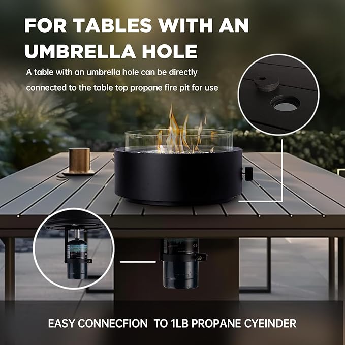 14-Inch Round Propane Fire Pit, 10000 BTU Portable Tabletop Fireplace with Glass Stones, Umbrella Hole Compatible for Outdoor Patio Tables & Camping, Black