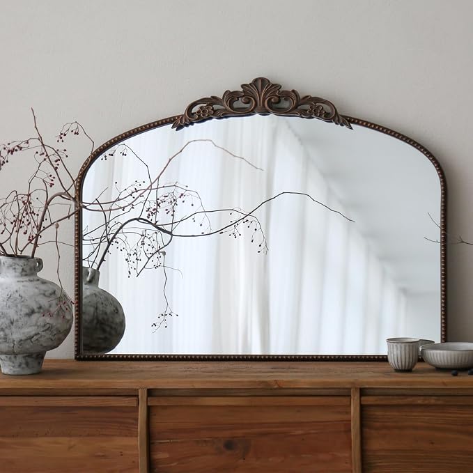 Micasso Bronze Vintage Arched Mirror: 36"x29" French Baroque Antique Wall Mounted Mirror - Traditional Ornate Decorative for Mantle/Fireplace/Living Room/Bedroom/Entryway/Hallway/Wall Decor