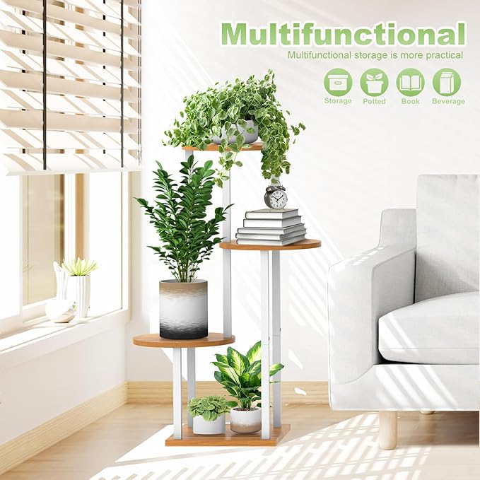 4 Tier Wood Tall Plant Stand Metal Rack Indoor, Multiple Flower Pot Holder Shelves Corner Rack, Round Planter Shelf Display Rack Storage Organizer for Patio Living Room Balcony(White+Wooden)