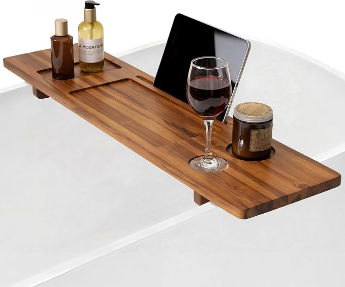 Teak Bathtub Tray - Wood Bath Caddy Tray 35" for Large Tubs - Adjustable Bathtub Table Trays - Luxury Shower Organizer for Home Spa Relaxation and Reading - Light Walnut Color