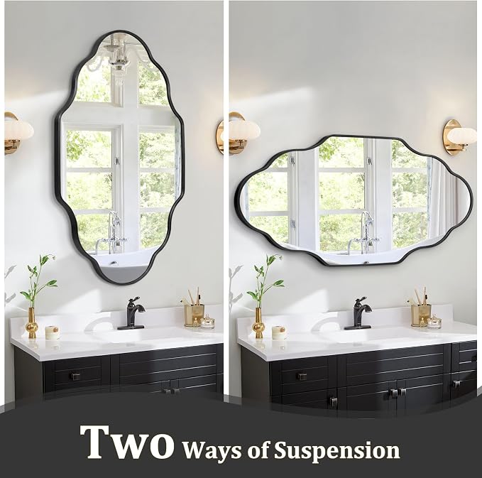 Scalloped Mirror for Bathroom - 24"x36" Black Bathroom Mirror with Aviation Aluminum Alloy Frame & Shatter-Proof Glass for Living Room Bedroom Entryway, Brushed Black Frame(x1)