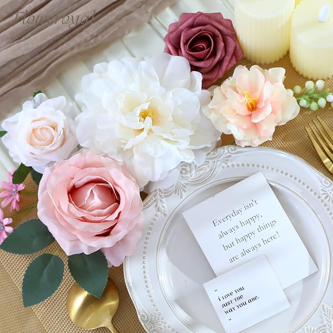 Floweroyal 2 Layers Artificial Flowers Combo Pink Flowers Mix Silk Flowers Dahlia Roses with Stems for Wedding Bridal Bouquets, Baby Shower, Floral Arrangement, Table Centerpieces