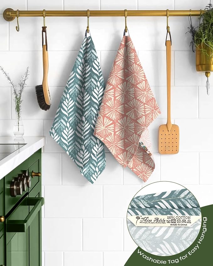 Miss Adola 2 Pack Flour Sack Kitchen Towels - 16x26 Inch Cotton Dish Towels with Hanging Loop Reusable Geometric Boho Modern Retro Tea Towel Absorbent Dishcloths Home Decor, Botanical Flower