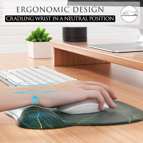 MROCO Ergonomic Mouse Pad - Gel Wrist Rest for Comfort & Pain Relief | 9.4 x 8.1 in, Green Leaves