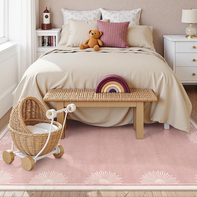Hedlive Modern 5x7 Pink Area Rugs for Bedroom Girls, Ultra Thin Washable Nursery Rug for Kids Room, Soft Sun Print Toddler Room Rug,Boho Non Shedding Baby Carpets for Classroom Dorm Girls Decor