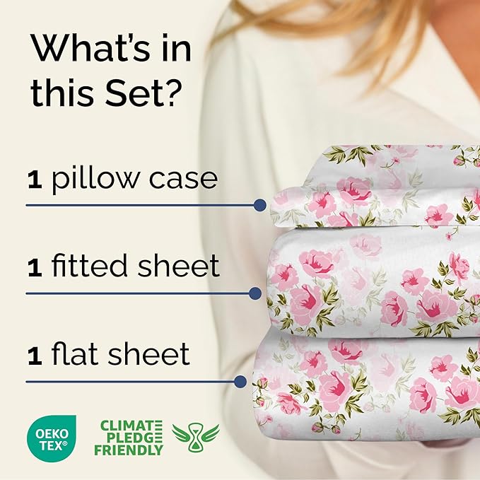 Floral Sheets - Pink Floral Bed Sheet Set - 1 Flat, 1 Fitted & 1 Pillowcase w/ Deep Pockets - Comfy, Wrinkle & Fade Free - Boho Botanical Bedding - Ultra-Soft, Breathable and Cooling - Twin Size Set