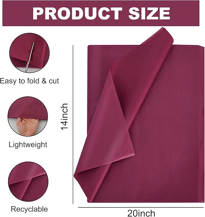 BEISHIDA 100 Sheets Dark Red Tissue Paper Bulk, Wrapping Tissue Paper for Gift Bags, 14 x 20 Inch Gift Wrap for Birthday Wedding Graduation DIY Crafts Holiday Flowers