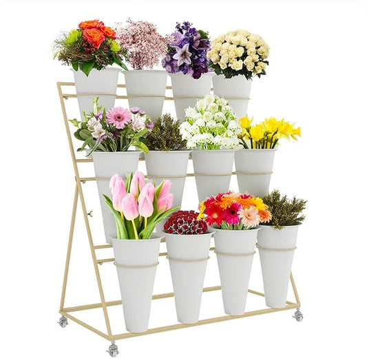 Flower Display Stand, 3 Layers Heavy Duty Moving Plant Cart Shelf With Wheels and Bucket, Wrought Iron Florist Shelf, for Patio Garden, Living Room, Outdoor Flower Pop-Up Events (Golden Iron Frame)