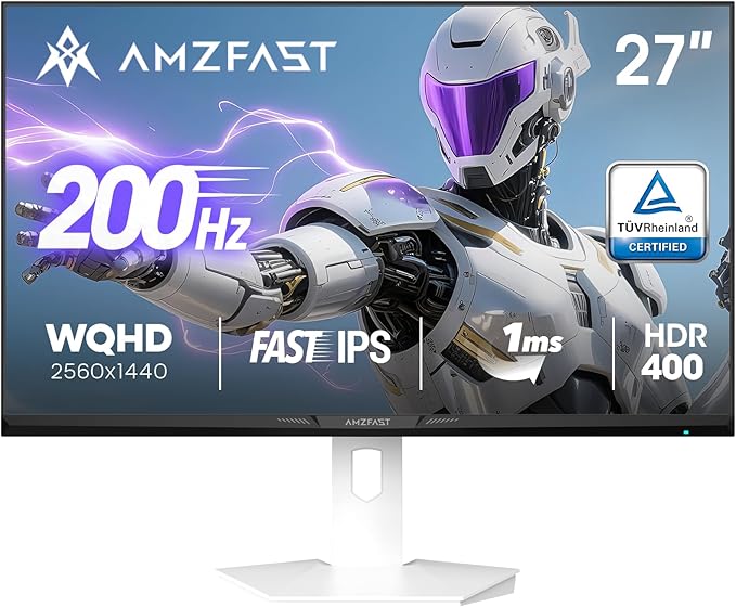 Amzfast 27 inch 1440P 200Hz/180Hz White Gaming Monitor, 2K QHD (2560 ×1440),MPRT 1ms Fast IPS | HDR400 & TÜV Rheinland Eye Care & 12 Months Exchange (HDMI & DP Cable)