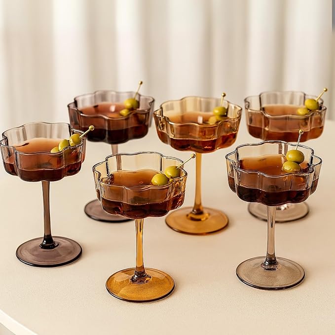 Venus Flower Scalloped Vintage Wavy Petals Wave Glass Coupes 7oz Colorful Martini, Champagne & Cocktails, 6 Set Brown Amber Shades Rippled Champagne Glasses, Elegant Bar Glassware, Aesthetic Coupe