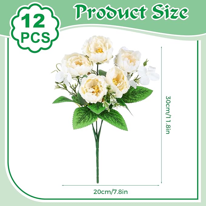 Olgaa 12 Bundles Peonies Artificial Flowers Fake Peony Bouquet Faux Peonies Flowers Bulk with Stems Flower Balls for Centerpiece Table Decorations Wedding Bridal Floral Arrangement (White)