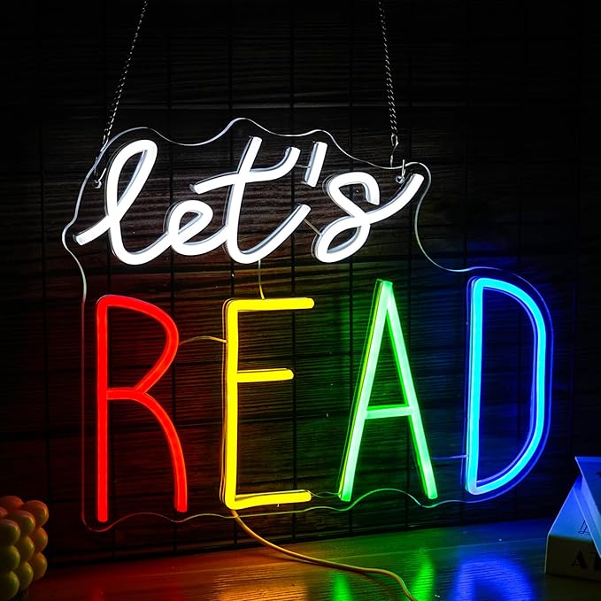 Let’s Read Neon Sign Multicolored Reading Led Neon Light Sign for Wall Decor Read Book Led Light Up Sign for Classroom Bookstore Reading Corner Home Wall Neon Decor (Dimmable USB)