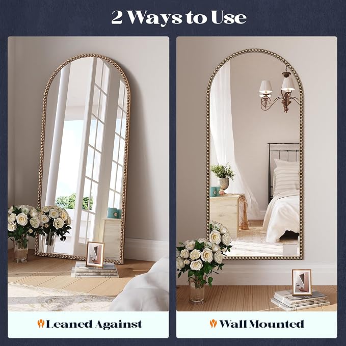 Arched Gold Antique Mirror with Beaded, 22"x48" Gold Arch Bathroom Vanity Mirror, Retro Brass Metal Frame Decorative Mirror for Bedroom Dressing Room Entryway Fireplace
