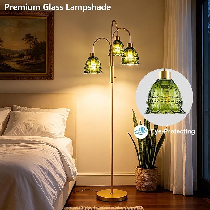 3-Light Glass Floor Lamp with Green Ribbed Glass Shades, 70" Gold Dimmable Tall Standing Lamp with 3PCS 3000K Warm White Bulbs, Modern Tree Pole Lamp for Living Room Bedroom Home Office Corner Decor