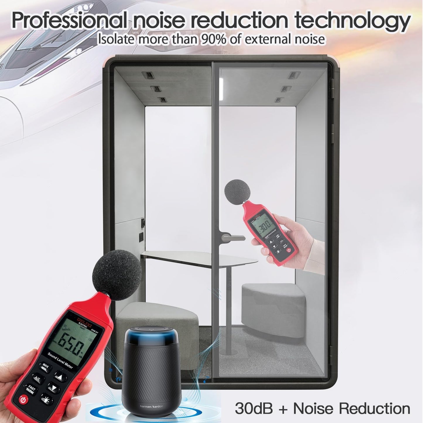Soundproof Office Pod Booth - Black 2-Person Meeting Pod with Acoustic Panels | Portable Privacy Workspace H92in W63in D55in