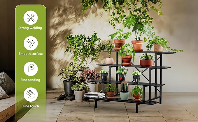 Zhongma 4 Tier Sturdy Metal Plant Stand, L45.67 x W34.65 x H35.83 inch, Heavy Duty Plant Holder for Home Indoor and Outdoor, 880 LBS Capacity & Heavy Duty Construction