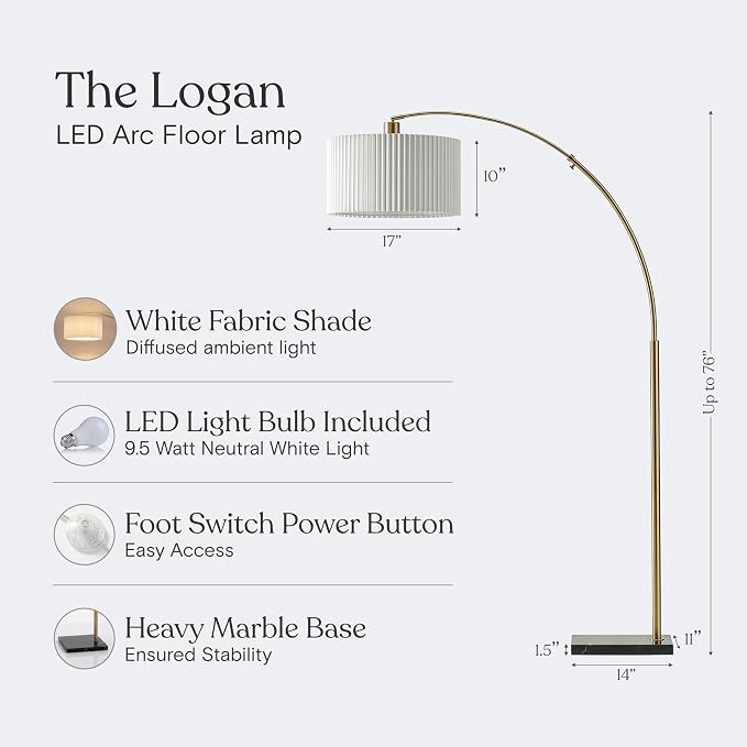Brightech Logan Arc Floor Lamp, Bright Standing Lamp for Living Rooms, Offices & Bedrooms, Modern Living Room Décor, Tall Hanging Floor Lamp for Reading and More – Gold/Brass with Pleated Shade
