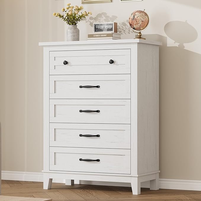 GarveeHome 5 Dresser for Bedroom, 41.3 in Tall Vertical Drawer Dresser with Large Storage, Freestanding Wooden Closet Chest for Bedroom, Living Room, White