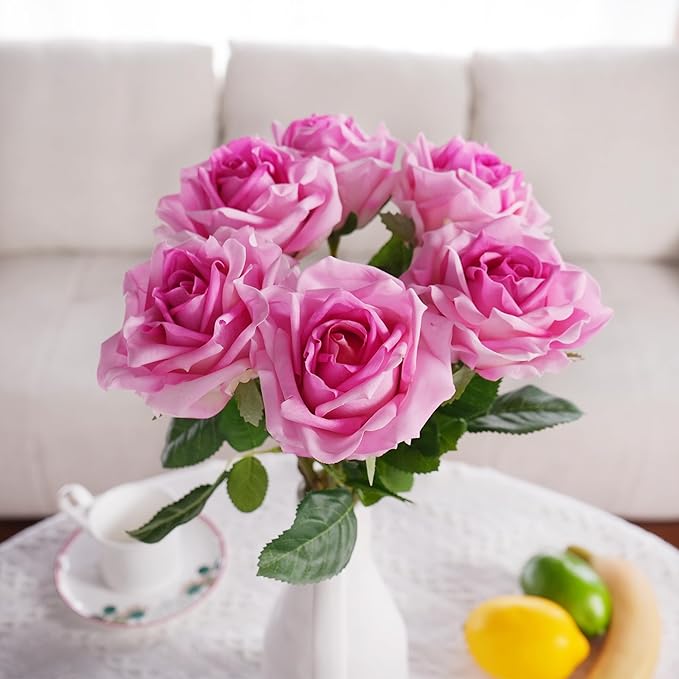 6 Pcs Silk Real Touch Latex Roses, Artificial Single Stem Big Bloom Faux Roses for Home Party Office Wedding Indoor Decor, Floral Arrangements, Table Centerpieces