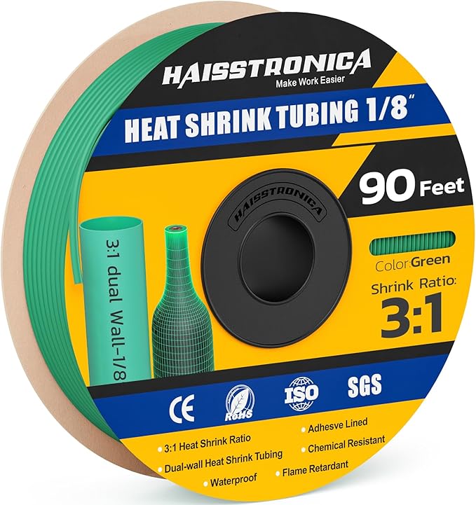 haisstronica 3:1 Heat Shrink Tubing, Shrink Ratio Adhesive Lined Marine Grade Heat Shrink Tube for Home, Automotive and Industrial (Green) 90FT 1/8inch