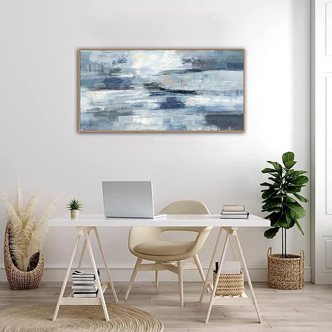 Abstract Framed Canvas Wall Art Vintage Blue White Grey Pictures Ocean Wall Decor Modern Artwork Painting Prints for Living Room Bedroom Bathroom Office Home Decoration Ready to Hang 24" X 48"