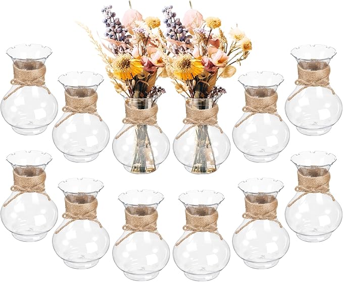 12 Pack Plastic Vases for Flowers with Jute Twine, Flower vasevases for centerpieces, Lightweight Plastic Vases for Centerpieces for Home Party Wedding Deco