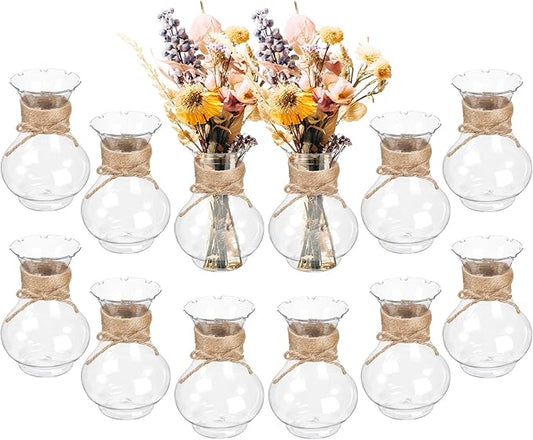 12 Pack Plastic Vases for Flowers with Jute Twine, Flower vasevases for centerpieces, Lightweight Plastic Vases for Centerpieces for Home Party Wedding Deco