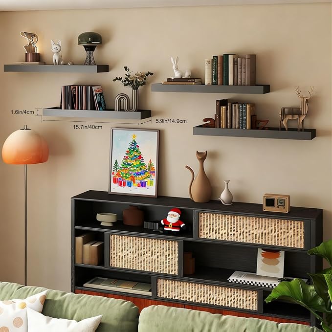 Floating Shelves with Raised Lip for Wall, 15.7 Inch Black Wooden Floating Wall Shelves, Set of 2, Wall Shelves for Bedroom Bathroom Living Room, Rustic Storage Display Shelves