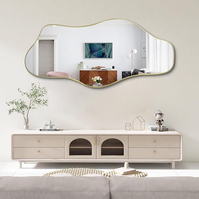 Irregular Full Length Mirror, 67"x31" Large Asymmetrical Tempered Glass Mirror, Gold Organic Frameless Wall Mirrors for Entryway Hallway Bedroom Living Room, Horizontal or Vertical Hanging