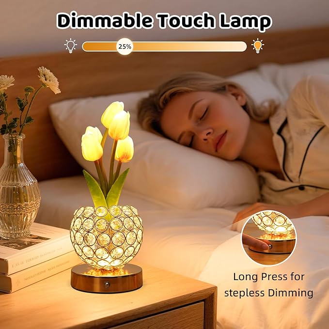 Tulip Flower Lamp,4000mAh Rechargeable Cordless Lamp with 3-Colour Stepless Dimming,Touch Control Cordless Table Lamp Night-Light for Home Decor,Unique Birthday Gifts for Women