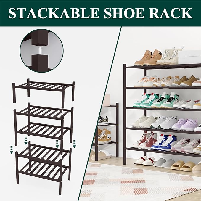 Smiry Shoe Rack, 2 Tier Long Bamboo Shoe Organizer, Stackable Free Standing Wooden Shoe Storage Shelf for Closet, Entryway, Front Door Entrance, Brown