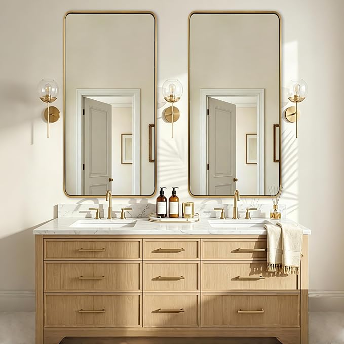 ANDY STAR 24x48’’ Gold Bathroom Mirror, Brushed Brass Mirrors for Bathroom Sink, Rounded Rectangle Mirrors Oblong, Rustproof Tube Metal Framed, 1’’ Deep Wall Mounted Vertical/Horizontal, Home Remodel