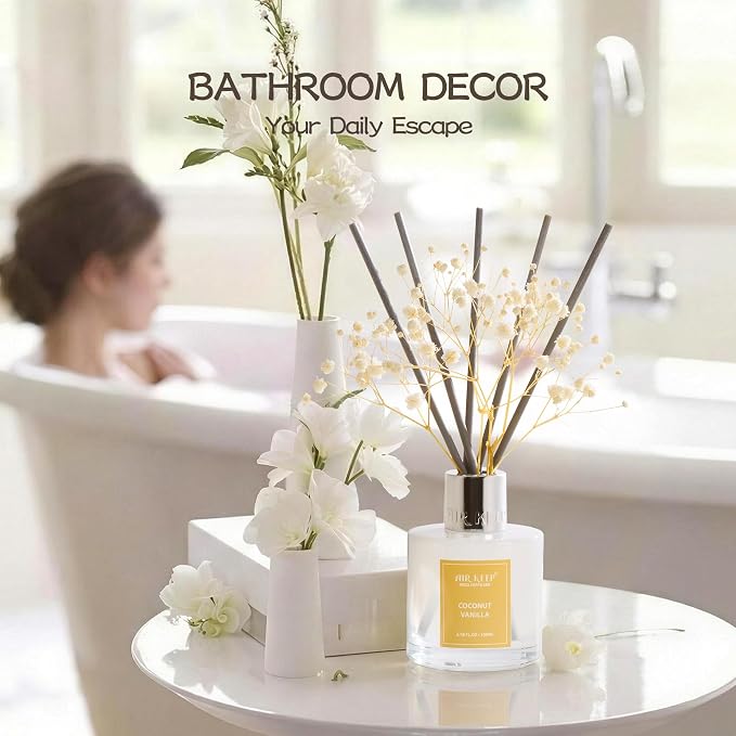 Airkeep Reed Diffuser Set,3.38 fl oz (100 ml) - Coconut Vanilla Oil Diffusers with 8 Reed Sticks, Home Fragrance Reed Diffuser for Bathroom Shelf Decor