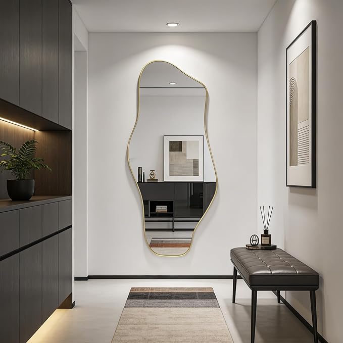 Irregular Full Length Mirror, 67"x31" Large Asymmetrical Tempered Glass Mirror, Gold Organic Frameless Wall Mirrors for Entryway Hallway Bedroom Living Room, Horizontal or Vertical Hanging