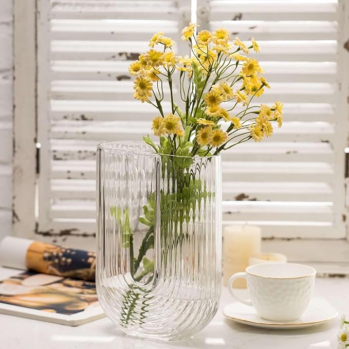 Clear Ribbed Glass Flower Vase, 7" H Modern Small Vase, Ellipse U Shaped Fluted Striped Decorative Vase, Fit for Home Living Room Table Decor (Open:5.11" x 2.36")