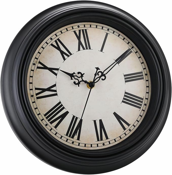 Plumeet Small Retro Wall Clock, 10'' Non Ticking Classic Silent Vintage Wall Clocks Decorative Kitchen Living Room Bedroom, Roman Numerals, Battery Operated, Black