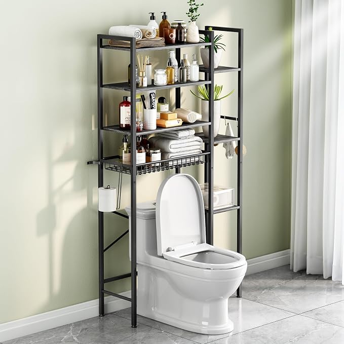 Kalrin 8-Tier Over The Toilet Storage with Side Rack, Over Toilet Storage Rack with Adjustable Shelf & Drain Basket, Freestanding Bathroom Organizer for Balcony, Laundry (Modern Grey)